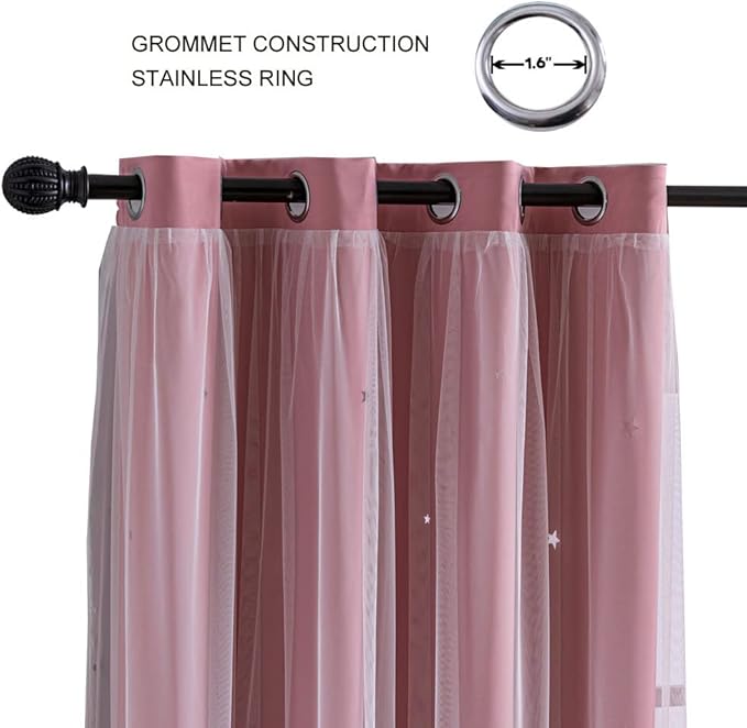 FANLI 2 Panels Star Blackout Curtains for Kid Girls Bedroom Living Room Darking Stripe Double Layer Star Cut Out Wall Home Decor Gradient Grommet Window Curtains (Pink 72L)