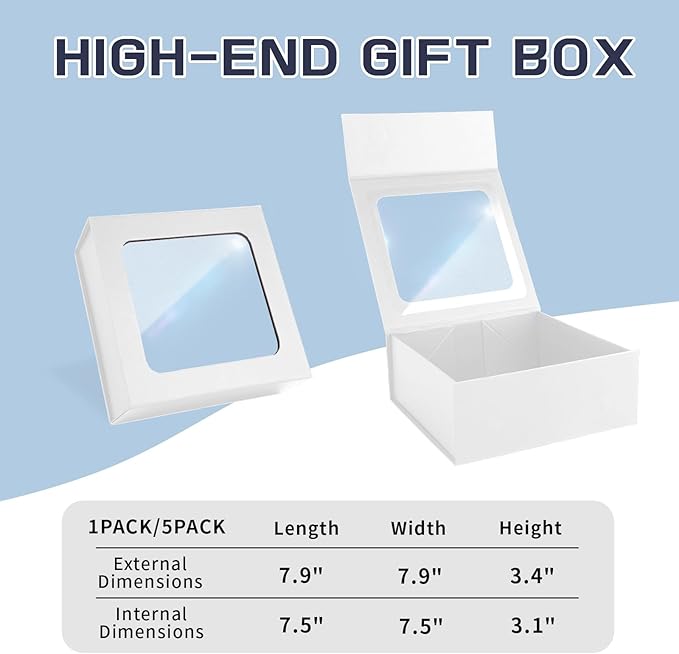 TIACABO White Gift Box with Window,7.5"x7.5"x3.1" Bridesmaid Boxe for Gifts Giving,Birthday Gift Boxes with Magnetic,Closure Lid Gifts Boxes for Presents,Cute Box,Luxury for Gift Packaging