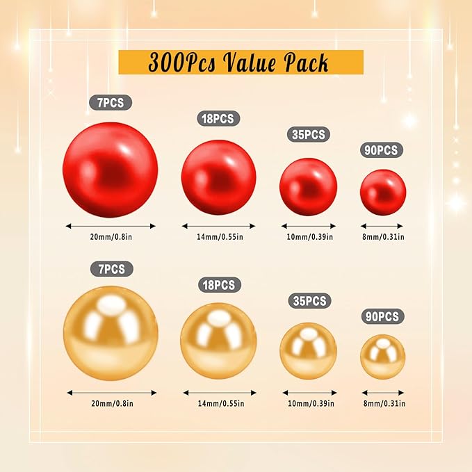 300Pcs Pearl Vase Filler, Red Gold No Hole Faux Pearl Beads for Centerpieces Vases, Candle Centerpieces, Wedding Birthday Party Home Decor 8/10/14/20mm