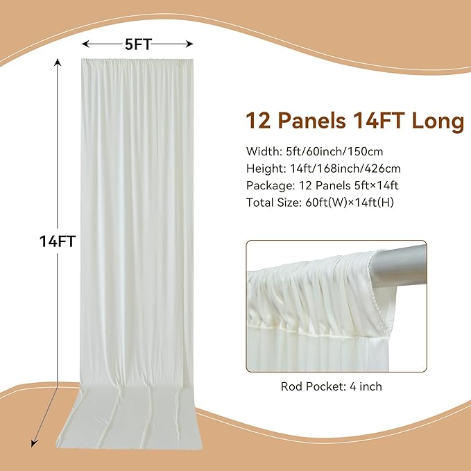 60×14ft Wrinkle Free Ivory Backdrop Curtain, Soft Silky Easy to Drape Cream Wedding Drapes for Backdrop, 12 Panels 5×14ft Photo Backdrop Curtains for Parties Birthday Photography Background Cloth