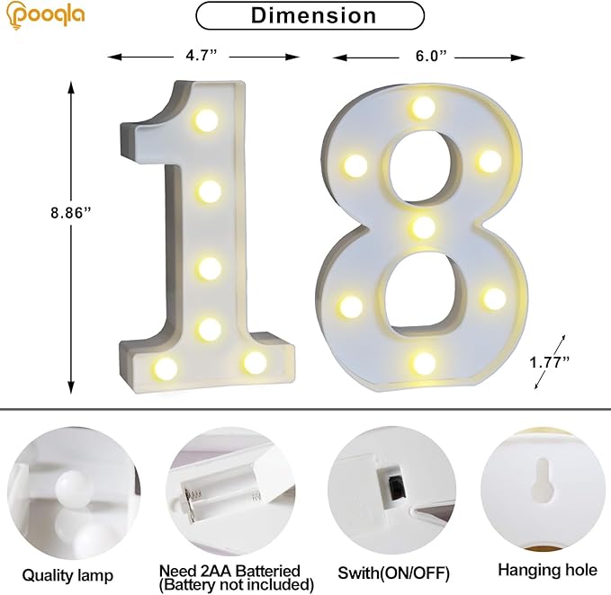 Pooqla 18th Birthday Decorations for Girls Boys, Light Up Number 18 for Party Table Decorations, 18th Birthday Gift for Her Him, Backdrop Wall Decor for 18th Wedding Anniversary Decoration