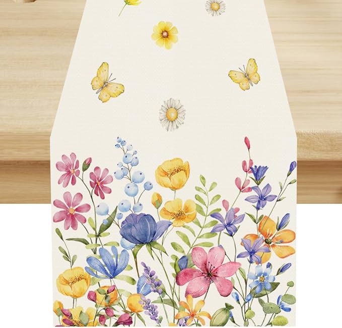 Flower Table Runner, Colorful Watercolor Pink Flower Plants Nature Butterfly Table Runner for Kitchen Dinner Living Room Home Party, 13x120 Inch