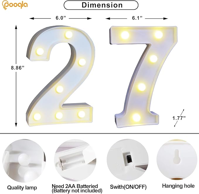 Pooqla Decorative LED Light Up Number Letters, White Plastic Marquee Number Lights Sign for Wedding Decor, Battery Operated (27)