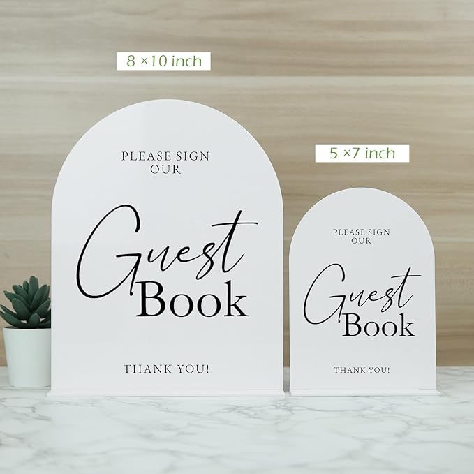White Arch Acrylic Wedding Sign- 5"x7" Guest Book Sign and Base,1/8" Thick | Modern Calligraphy Arched Acrylic Table Sign for Wedding & Event Party