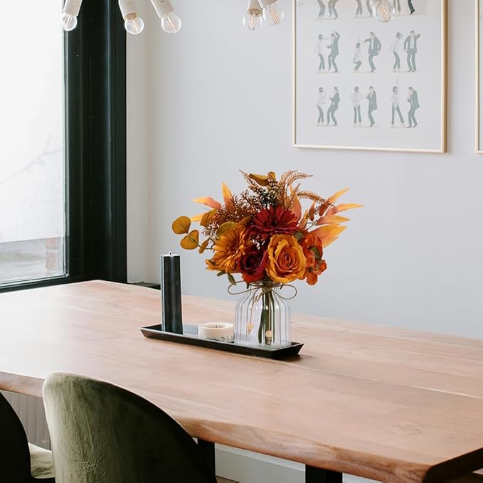 LSEING Fall Flowers Artificial with Vase for Centerpiece,Fake Silk Orange Rose Flower Arrangement in Glass Vase for Home Office Table Decoration (Orange)