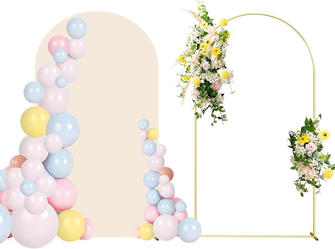 6.6FT Wedding Arch Backdrop Stand and Beige Arch Cover, Beige Spandex Fitted Backdrop Cover and Gold Wedding Arch Frame for Birthday Party Wedding Ceremony Bridal Baby Shower, Parties Decoration.