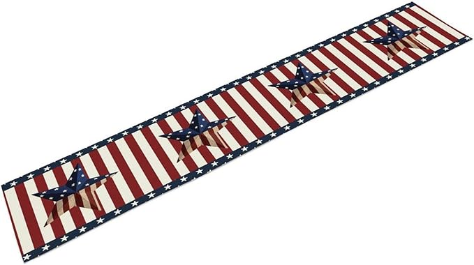 4th of July Table Runner, Patriotic Independence Day American Stars Stripes Flag Print Table Runner for Farmhouse Kitchen Dining Holiday Birthday Party, 13x70inch