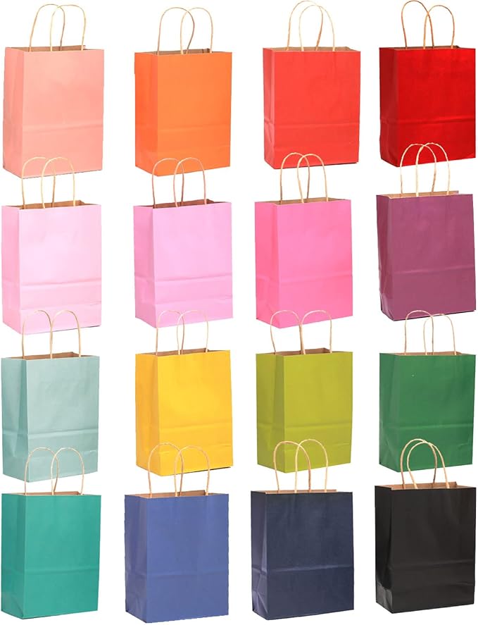 qiqee Medium Size Paper Gift Bags With Handles 10.6"x8.3"x4.3" 16 Solid Colors Party Favor Bags（16-Packs）