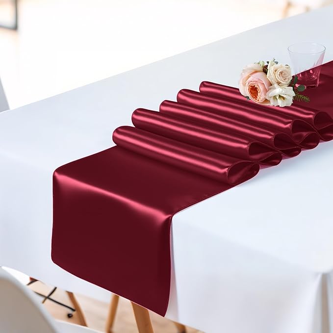 SHEJIZE 2 Pack Wine Red Satin Table Runner 12x108 Inches Long, Bright Silky Smooth Satin Table Runner Table Decor for Wedding Banquet Christmas Prom Event Birthday Party