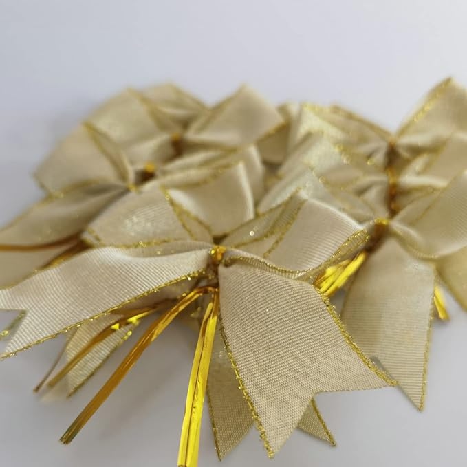 50pcs 3-1/2" White Gold Bows with Twist Ties for Gift Wrapping Packing Christmas Decoration (W.Gold)