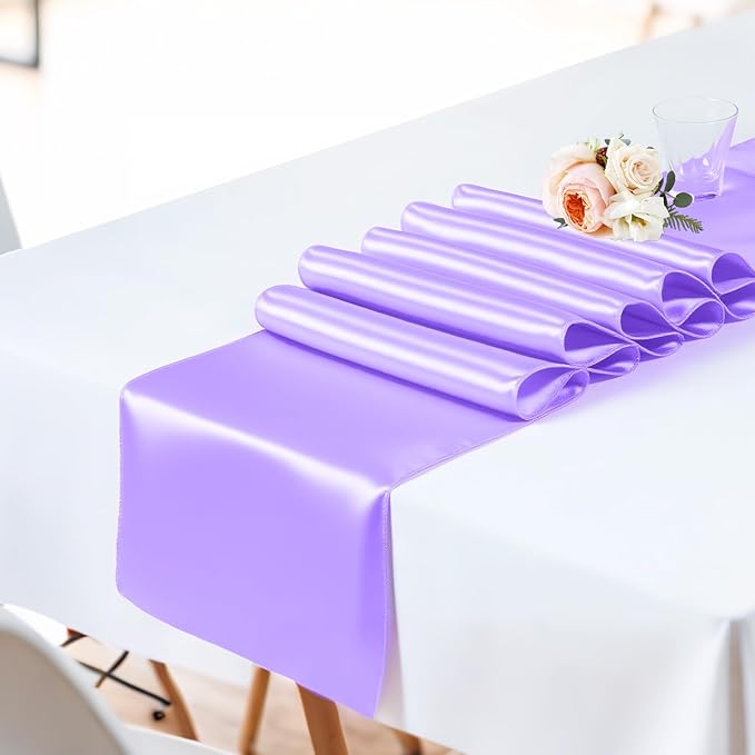 SHEJIZE 20 Pack Lavender Satin Table Runner 12x108 Inches Long, Bright Silky Smooth Satin Table Runner Table Decor for Wedding Banquet Christmas Prom Event Birthday Party