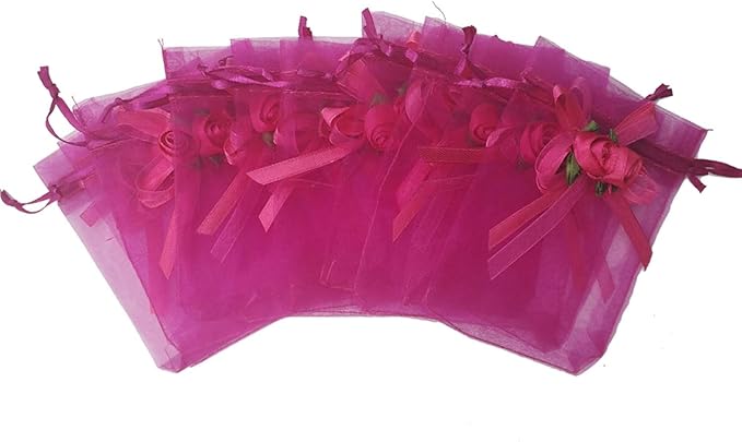 Ankirol 50pcs Sheer Organza Favor Bags For Wedding 3.8x4.8'' Gift Bags Samples Display Drawstring Rose Pouches (hot pink)