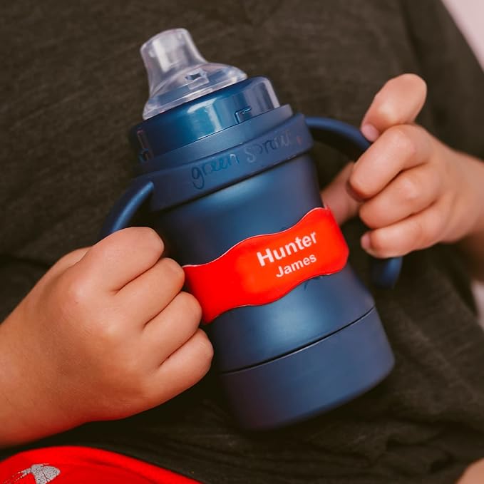 InchBug Orbit Labels - Baby Bottle Name Labels for Daycare, Sippy Cup Bands - Engraved Silicone, Reusable, Dishwasher Safe, White Contrasting Personalization, 4-Pack (Lullaby Blue)