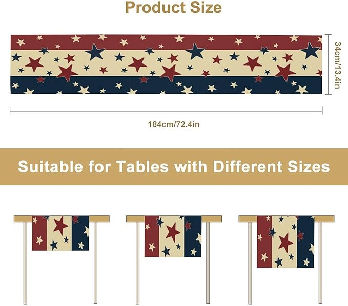 Memorial Day Table Runner, 4th of July American Patriotic Independence Day Stars Stripes Print Table Runne for Summer Holiday USA Home Decoration Party,13x36inch