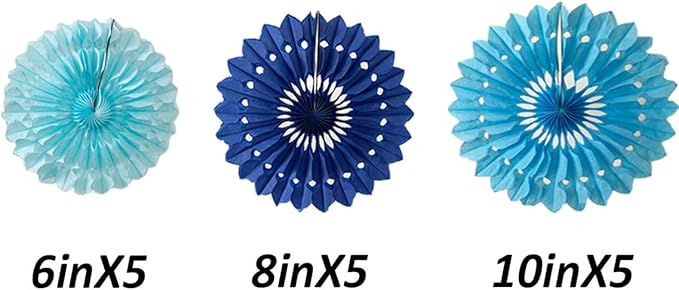 15pcs 6'' 8'' 10'' Paper Fans Set - Blue Tissue Paper Fans Decor for Party, Birthday, Wedding Events