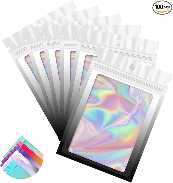 Funfery 100 Pack Gradient Holographic Bags,Resealable Bags with Zipper,Clear Window Packaging Pouchs,Foil Bag for Food Storage,Small Business,Sample Jewelry Bag(3.5×4.7In,White Black)