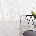 Sheer Curtains Gold 95 Inches Long, Rod Pocket Drapes for Living room, Bedroom, Embroidered Moroccan Tile Lattice Design Semi Crinkle Voile Curtain Panels for Patio, Villa, Parlor, Set of 2, 52"x95".