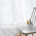Embroidered Moroccan Tile Lattice Design Sheer Curtains White 45 Inch Length, Rod Pocket Voile Drapes for Living room, Bedroom, Window Treatments Semi Curtain Panels for Yard, Set of 2, 52"x 45".