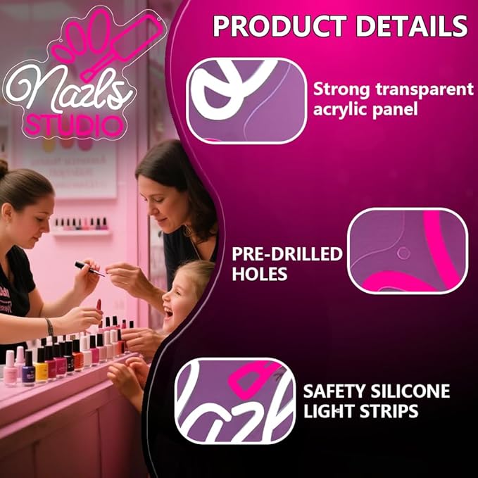 Nail Room Neon Sign,Pink Nails Studio LED Light for Wall Art Decor,Backdrop for Business Lash Salon Beauty Room Bar,Pink Dimmable Light Up Signs Gift for Girls Women Nail Tech USB Powered（14.2"*11.8"）
