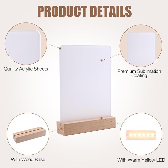 6" x 8"- 6 pcs Acrylic 4 pcs Frame Sublimation LED Acrylic Photo Frames Night Lights Blanks Heart Shape,with Warm Color Light with Wood Stand for Heat Press Machine Printing