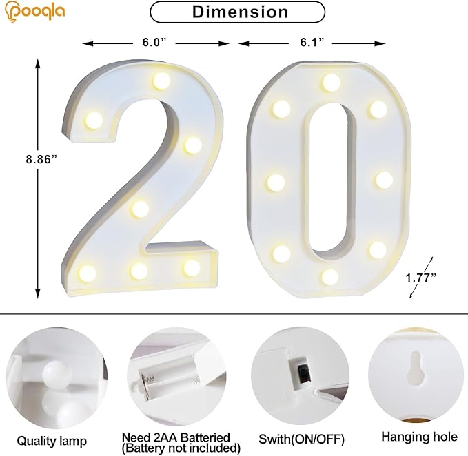 Pooqla 20th Birthday Decorations for Her Him, 35 Colors LED Light Up Numbers with Remote, Multicolor Marquee Numbers 20 Sign for Party Wedding Anniversary Decor 20th Birthday Gift, Number 20