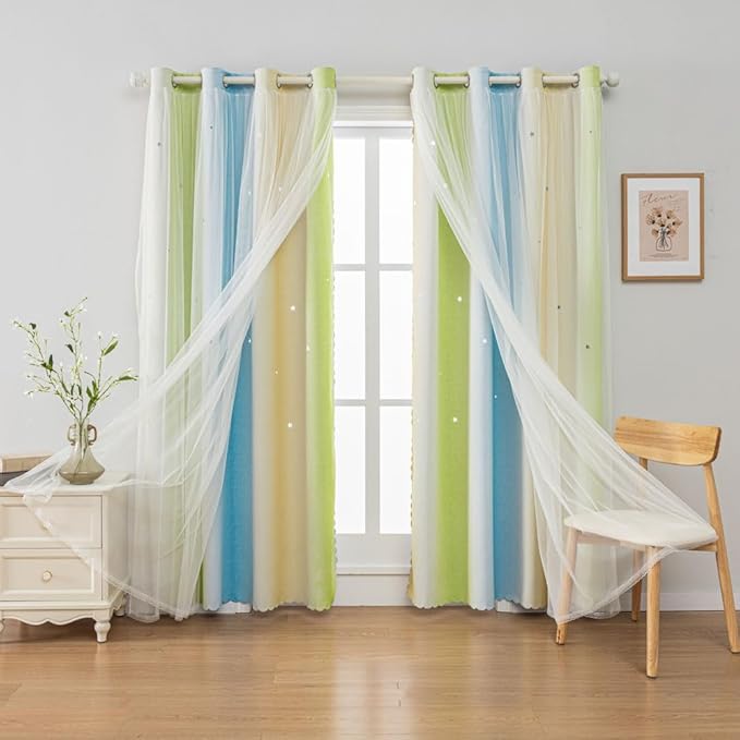FANLI Ombre Rainbow Blackout Curtains for Kid Girls Bedroom Living Room Darking Stripe Double Layer Star Cut Out Wall Home Decor Gradient Grommet Window Curtains （Blue Green 52Wx95L）