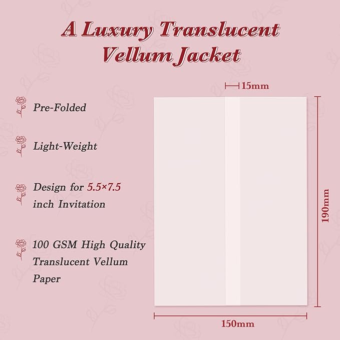 30 Pack Pre-Folded Vellum Jackets for 5.5x7.5 Invitations, Translucent Vellum Paper 5.5x7.5 Jackets, 100GSM Wedding Invitations Wraps, Envelope Liners for Birthdays, Baby Showers