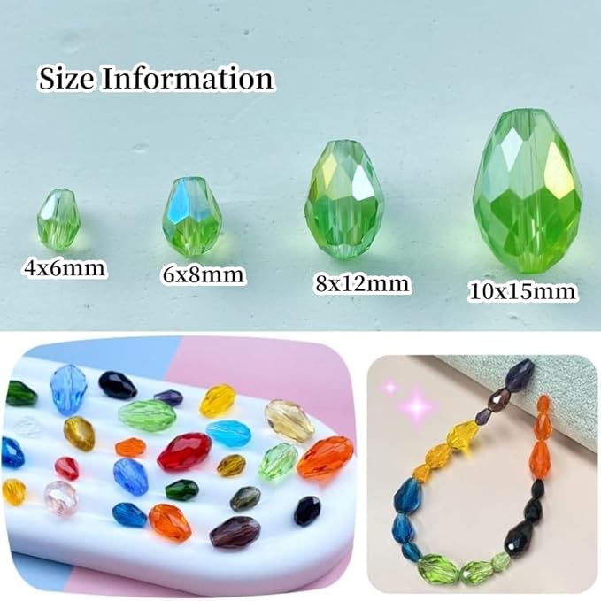 200pcs 4x6mm Teardrop Crystal Glass Beads Vertical Hole Faceted Glass Teardrop Spacer Beads for Bracelets Necklace Earring DIY Jewelry Making Craft(Light Green AB)