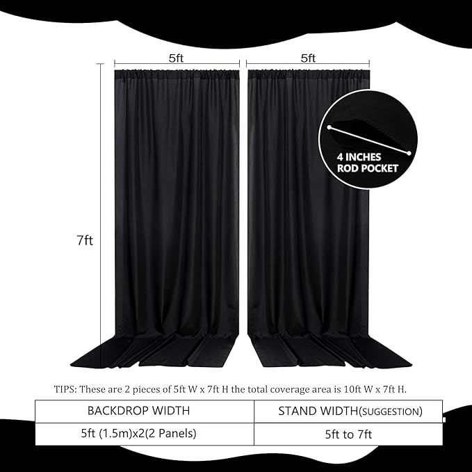 2 Panels Black Backdrop Curtain, 10 x 7 Feet Background Curtains for Parties, Weddings, Baby Showers, Bachelorette Halloween, Christmas Birthday Party Photoshoot Backdrop Curtains Decorations