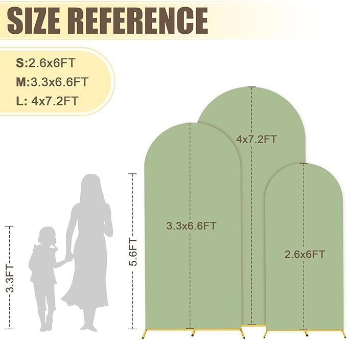 MODFUNS Metal Arch Backdrop Stand and Cover Set 6&6.6&7.2ft Sage Green Arch Backdrop Covers Gold Wedding Arch Stand Set of 3 Spandex Arched Covers for Party Birthday Banquet Wedding Decoration