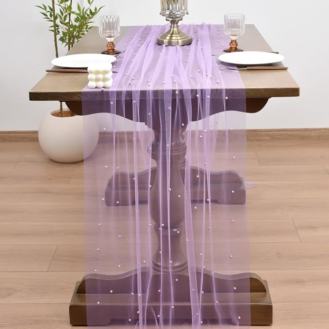 Joanlody Fall Pearl Table Runner 10ft Rustic Boho Tulle Table Runner with Pearls for Baby Shower Wedding Party Veil Dessert Thanksgiving Table Decor Lilac