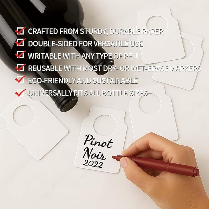 200 PCS Wine Bottle Tags –Paper Hanging Cellar Labels for Bottle Neck, Double-Sided Writable Gift Tags for Wine Racks, Champagne & Homebrew Organization (White)