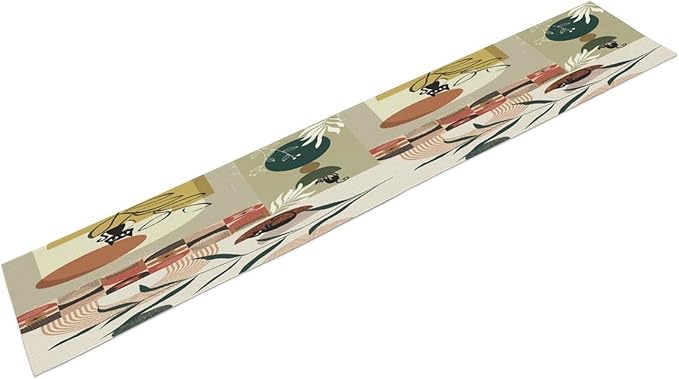 Mid Century Table Runner,Abstract Boho Plant Leaf Botanical Cat Modern Geometric Pattern Print Burlap for Hotel Indoors Outdoor Dining Room Kitchen Home Decor, 13x36in