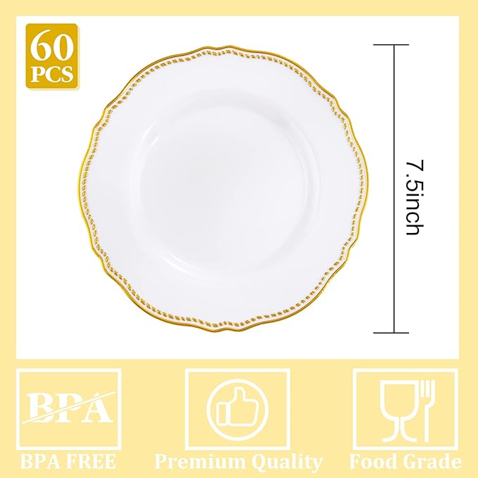 Hioasis 60pcs Gold Plastic Plates - White and Gold Disposable Dinnerware with Gold Rim, Heavy-duty, 7.5 inch, Dessert Plates for Party & Thanksgiving