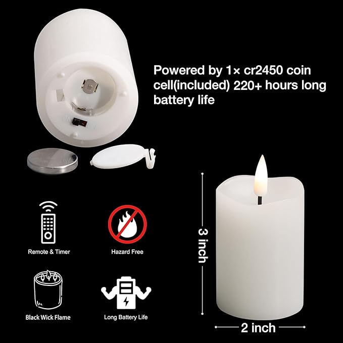 Eywamage White Flameless Votive Candles with Remote Batteries, 2x3 inch Flickering Small LED Wax Pillar Candles 6 Pack