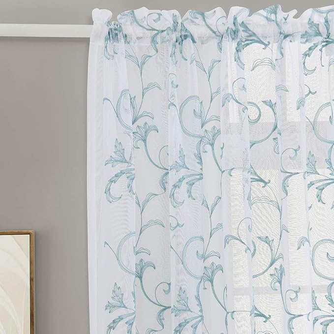 Embroidered Floral Sheer Curtains Blue 63 Inch , Rod Pocket Voile Drapes for Living room, Bedroom, Vintage Embroidery Semi Crinkle Curtain Panels for Yard, Patio, Villa, Parlor, Set of 2, 52"x 63".