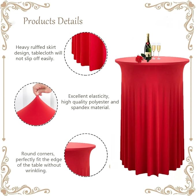 Albassa 2 Pack Cocktail Table Covers 32"x 43" Spandex Stretch Round Cocktail Tablecloths with Wavy Drapes Fitted High Top Bar Table Skirts for Wedding Party Banquet (Red, 2 PCS)