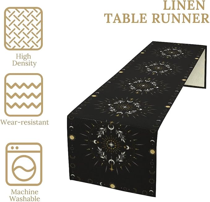 Sun Moon Table Runner - Magical Leaves Mysterious Western Traditional Elements Black White Table Runner for Party Living Room Home Kitchen Dinner - 13x70 Inch