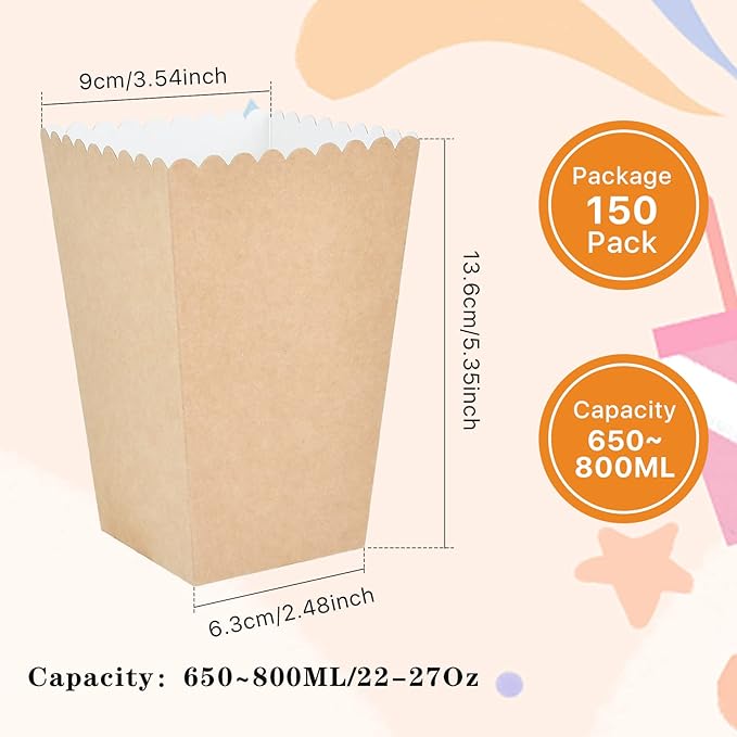 150 Pcs Popcorn Boxes, 22-27 Oz Mini Paper Popcorn Box, Oil-Proof Kraft Paper Popcorn Bags, Popcorn Container for Movie Theater Carnival Birthday Party Supplies(3.54 x2.48 x5.35 Inch)