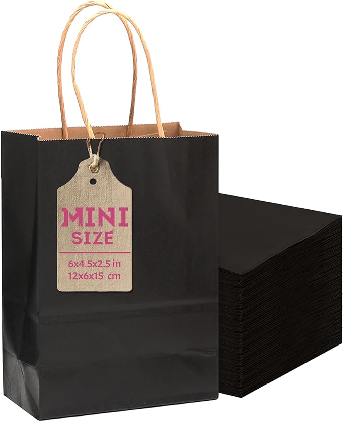 qiqee 25 Pcs Black Mini Paper Gift Bags 6"x4.5"x2.5" with Handles Small Brown Kraft Party Favor Treat Bags Multiple Uses (Mini size)