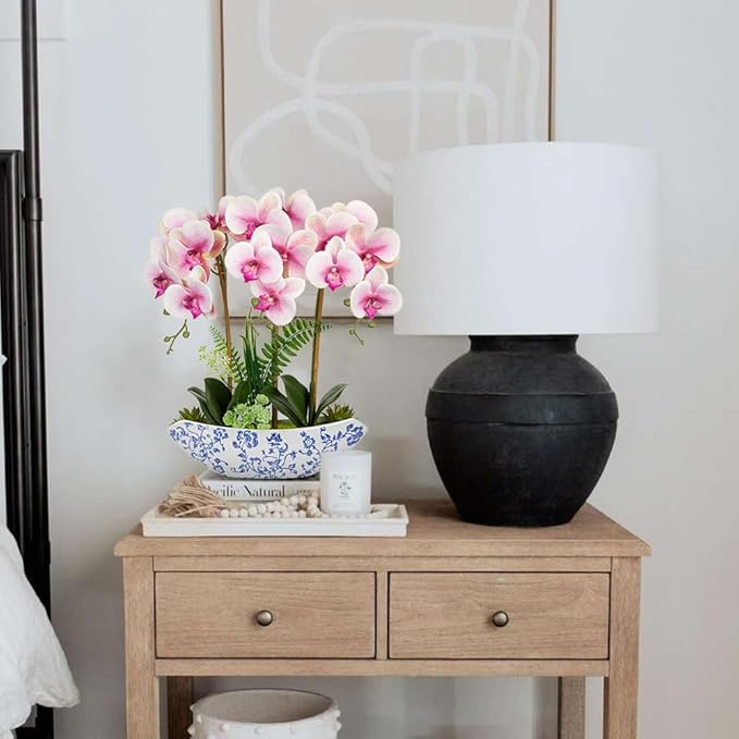 Briful Orchid Artificial Flowers 18in Pink Fake Orchid Silk Flowers with Blue and White Ceramic Pot Faux Phalaenopsis Arrangement for Home Office Room Dining Table Centerpiece Modern Decor