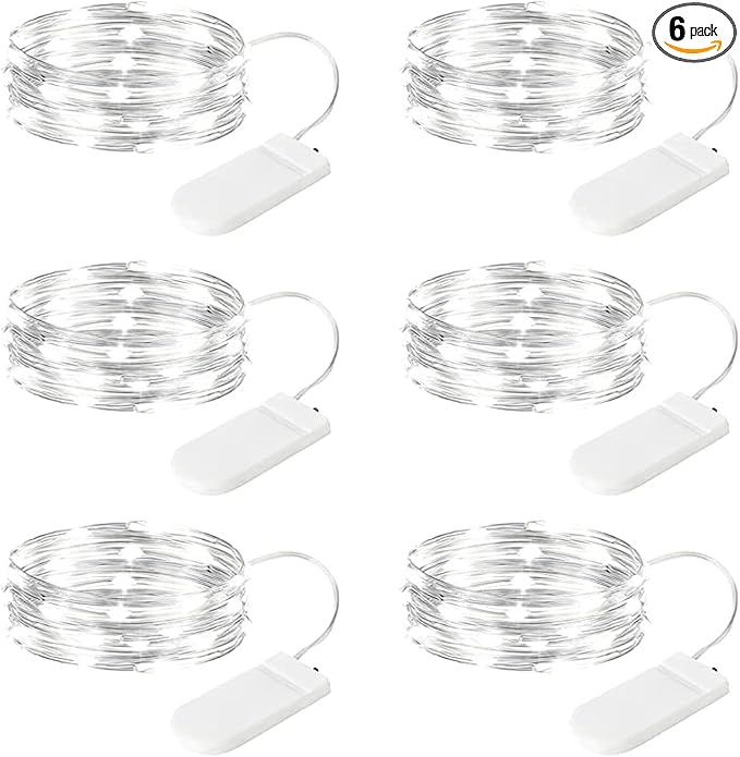 Minetom 6 Pack Fairy Lights Battery Operated String Lights - 7ft 20 LED Waterproof Silver Wire Firefly Lights Waterproof for DIY Crafts Wedding Décor Table Mason Jars Party, White