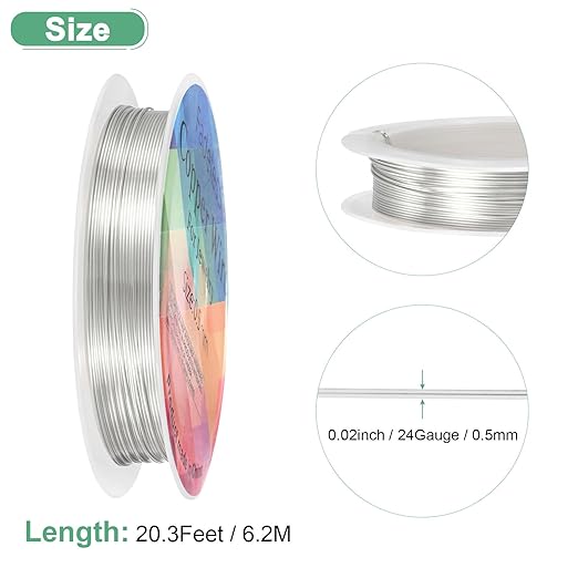 0.5 mm/24 Gauge Copper Wire for Jewelry Making, 20.3FT Copper Beading Craft Wire for Jewelry/Weaving/DIY Crafting/Planting, Color-Retaining [6.2M, Bright Silver]