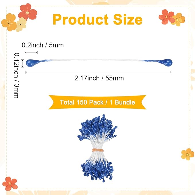 150-Pack Flower Stamens for Crafts, 5mm Double Heads Artificial Pearl Floral Pistil Mini Flower Pollens Stamens for DIY Making/Wedding/Scrapbook Decoration [Sapphire Blue]