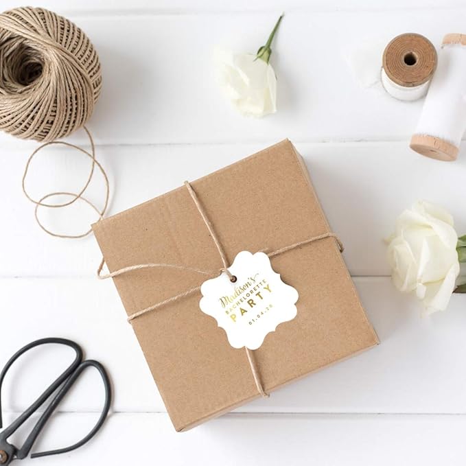 Andaz Press Personalized Fancy Frame Square Wedding Gift Tags, Metallic Gold Ink, Bachelorette Party, 24-Pack, Custom Made Any Name