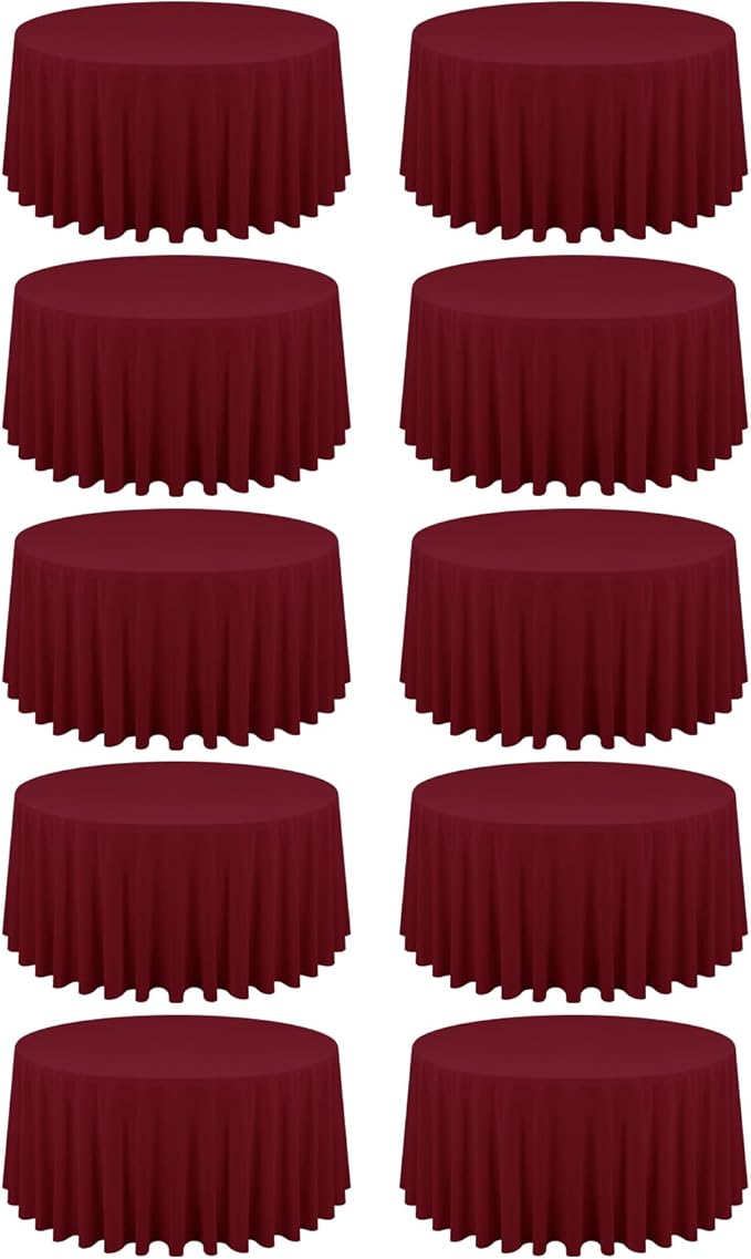 10 Pack Burgundy Round Tablecloths - 120 Inch, Polyester Table Cover for Round Table, Stain and Wrinkle Resistant Washable Fabric Tablecloth, Polyester Tablecloth for Wedding Banquet Parties