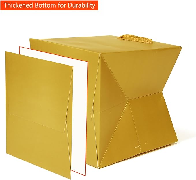 Gold Square Gift Bag 12 in Paper Gift Box Large Square Bottom Kraft Paper Bags with Handles for Party Favor, Birthday Gift Bags (Gold, 12 x 12 x 12 in, 10 CT)