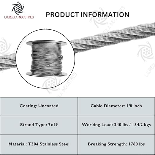 Laureola 1/8" 7x19 Stainless Steel Aircraft Wire Rope 304 Grade (1000ft)