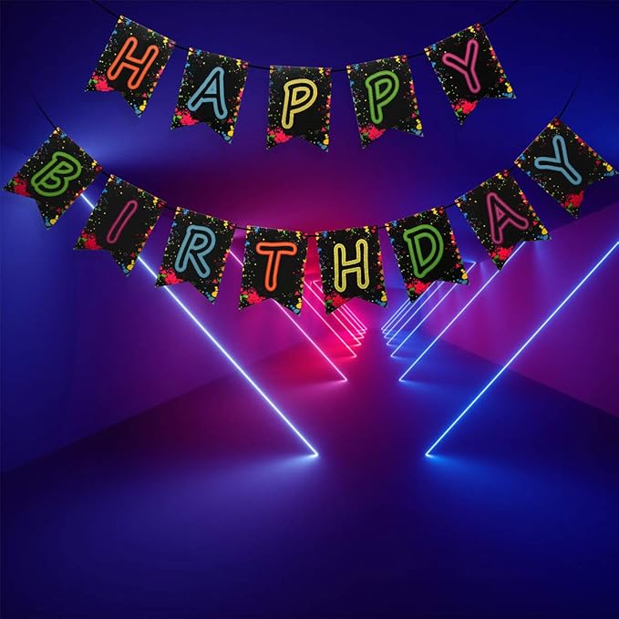 Glow Party Happy Birthday Banner Decoration（Already Assembled）, 80s Birthday Banner Let's Glow Party Decorations, Glow in the Dark Party Supplies, Neon Party Birthday Decorations