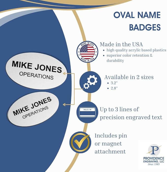 Custom Engraved Name Tag Badges – Personalized Identification with Pin or Magnetic Backing, 2.8 Inch Oval, Almond/Black